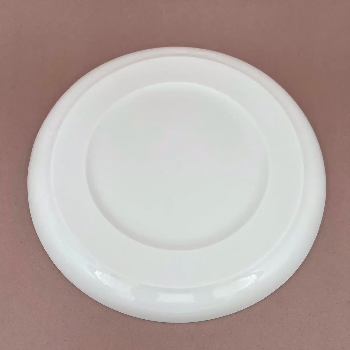 A white plastic frisbee placed on a plain brown surface, echoing the elegance of the Hugo dinner plate with high rim and gilded baroque pattern by Urchic Porcelain.