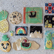 Colorful handmade ceramic tiles by Urchic Porcelain inspire creativity—a perfect match for GLINARIJE NA LONTRGU: Poletna mala šola gline za otroke - AKONTACIJA, a summer clay workshop designed to boost kids’ creative skills.